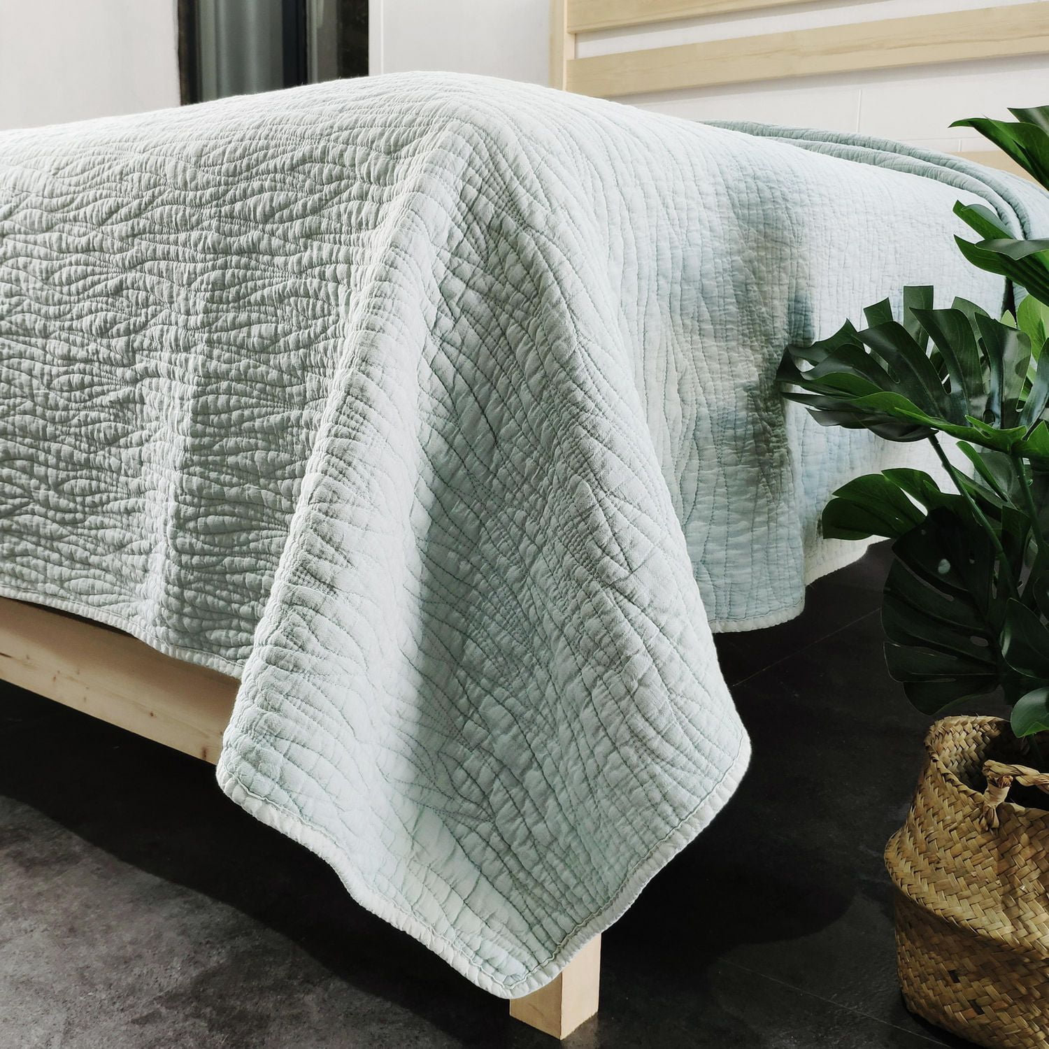 Ensemble de couette Carson de Gouchee Home – Ensemble de literie menthe 3 pièces, coton délavé avec motif à coutures ondulées, couvre-lit doux toutes saisons