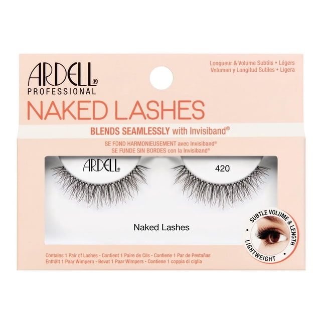 Ardell Naked Lashes 420 1 Paire de Faux Cils Légers avec un volume et une Longueur Subtils, Dotés d'Un invisiband super Doux Qui Se Marie Parfaitement avec des Cils Naturels, Présentés dans un Emballage aux Tons Pêche avec Texte Multilingue.