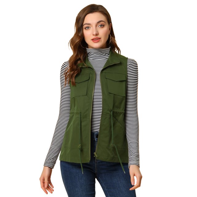 INSPIRE CHIC Gilet Utilitaire Sans Manches pour Femme à Taille Coulissante avec Fermeture Éclair, Vert Armée, Taille P. Fabriqué en polyester Léger, avec Col Montant, devant à Fermeture à Glissière, Taille Coulissante Ajustable et Poches cargo. Idéal comme Gilet Chandail pour Femme pour Superposer sur des Hauts et s'Agence avec des jeans Ou des leggings.