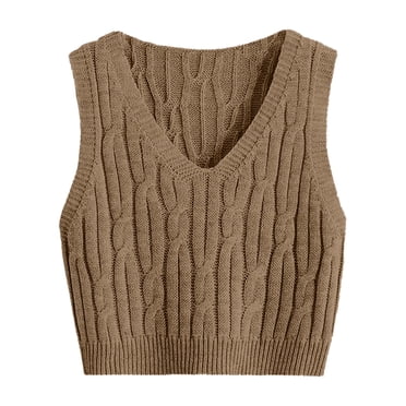Women's Sweater Vest V Neck Cable Knit Sleeveless Loose Fit Solid Color Pullover Top S-M-L