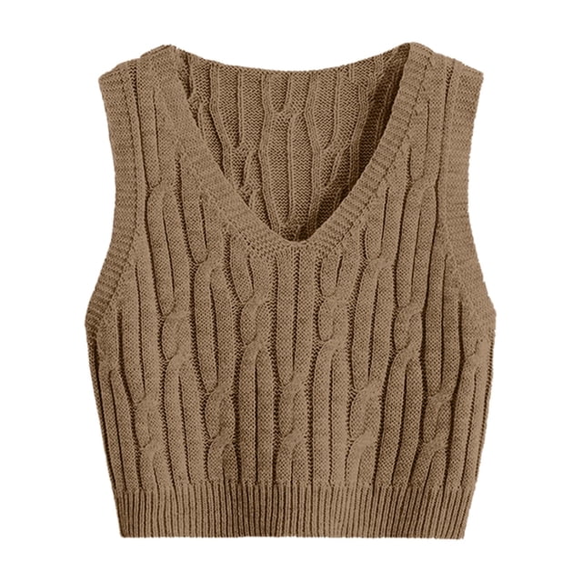 Women's Sweater Vest V Neck Cable Knit Sleeveless Loose Fit Solid Color Pullover Top S-M-L