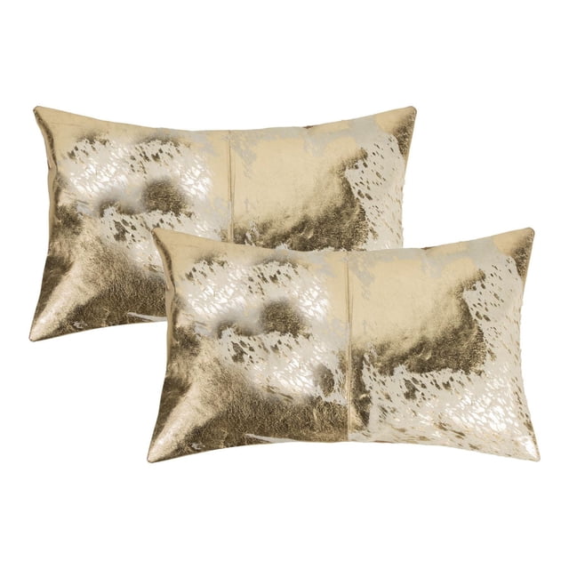 TORINO SCOTLAND COWHIDE PILLOW 12"X20" 2-PACK with two rectangular decorative pillows made from 100% natural Indian cowhide featuring a beige and brown mottled pattern, hand-stitched with hidden zipper closures and ultra-soft microsuede backing, ideal for layering with other throw pillows in home décor.