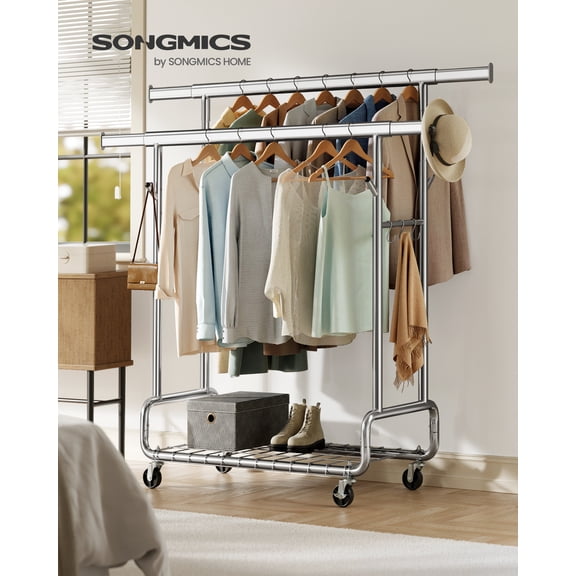Heavy-Duty Rolling Garment Rack with Extendable Double Hanging Rods, 594 lb Capacity, Adjustable 3-Height with Shelf, Mobile Storage Organizer, Silver