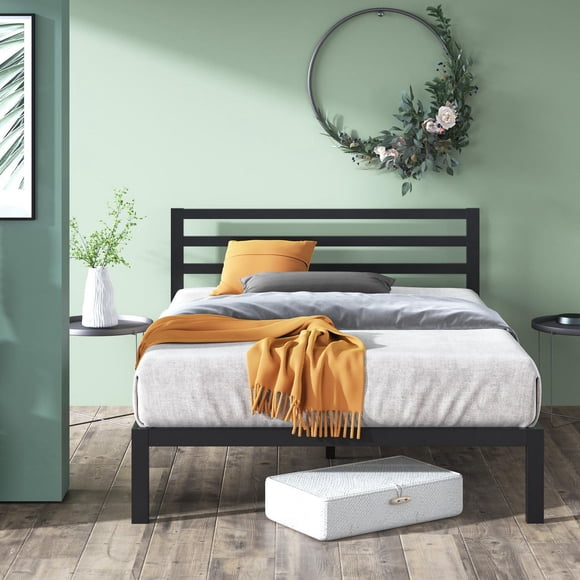Lit plateforme en métal Zinus Mia avec tête de lit, double, base de matelas en acier moderne et minimaliste, aucun sommier requis, noir