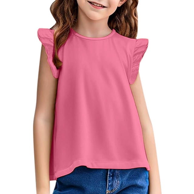 WEIYLL Girls T-Shirts Basic Ruffle Fly Sleeve Cute Tunic Crewneck Summer Casual Clothes for 2-3 Years