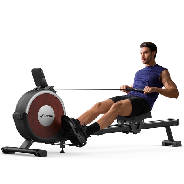 MERACH Rowing Machine, a home workout exercise machine with 16 levels of quiet magnetic smart auto resistance, ergonomic non-slip pedals, cushioned saddle, and aluminum alloy rails. Ideal for home gym setups, demonstrated by a user in a workout session.