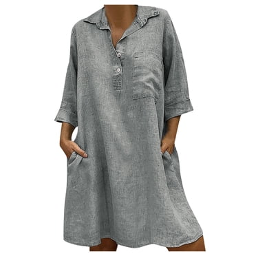 AherBiu Robe Grande Taille pour Femmes en Coton et Lin, Boutonnée, Col à Revers, Col en V, Manches 3/4, Décontractée, Ample, Courte, avec Poches