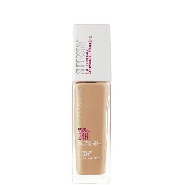 Maybelline New York Super Stay® Full Coverage Foundation, 30 ml in shade 312 Golden, in a clear rectangular glass bottle with a white cap featuring silver and magenta text, offering up to 24-hour wear and full coverage liquid foundation for face makeup, often used for creating a flawless complexion.