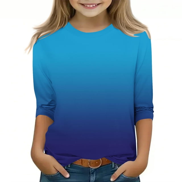 2025 T-Shirts Décontractés pour Filles Manches 3/4 Col Rond Tops d'Été T-Shirts Unis Blouses d'Automne Chandail Tops Bleu