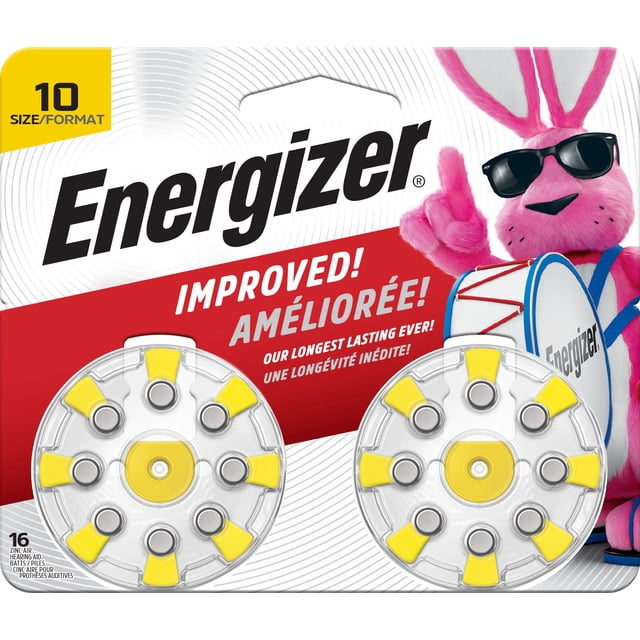 Energizer Piles pour Aides Auditives Taille 10, Onglet Jaune, Lot de 16 Comprenant Deux Supports de Piles Circulaires Transparents avec Onglets Jaunes sur un Emballage Blanc et Rouge Affichant le logo Energizer et la Mascotte Lapin Energizer Rose Portant des Lunettes de Soleil et Tenant un Tambour, Mettant en Valeur des Piles au zinc air Améliorées à Longue Durée de Vie pour Appareils Auditifs.