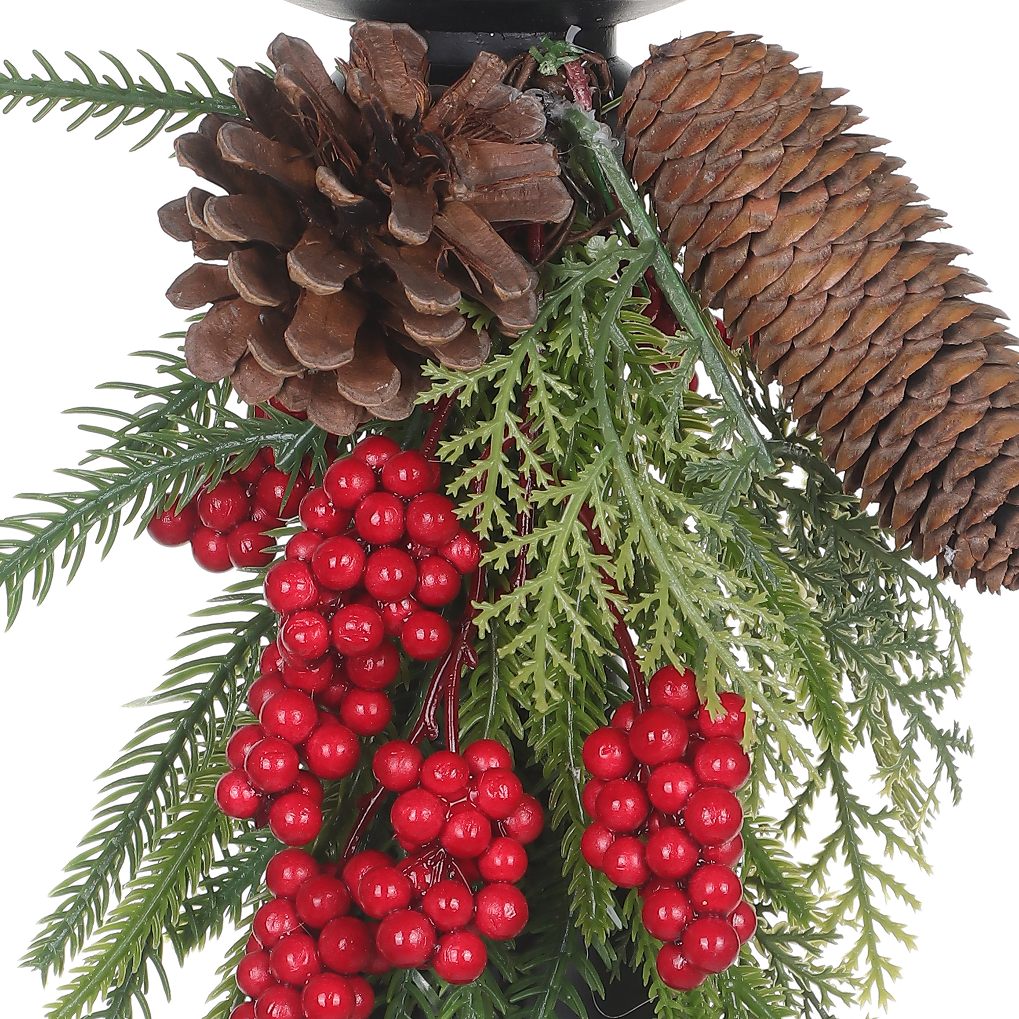 HOLIDAY TIME 10 IN Wooden Christmas Candle Holder with Pinecone and Red Berry Foliage