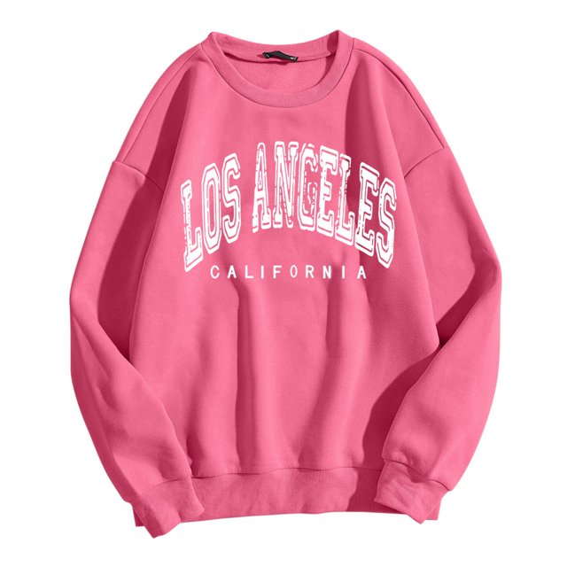 Bmisegm Chandails pour Femmes en Rose Vif, avec un Col Rond Décontracté à Manches Longues et une Coupe Ample. le Chandail Affiche le Texte « Los Angeles California » en Blanc à l'Avant. Fait de polyester, Il Est Léger, Respirant et Convient pour l'Automne et l'Hiver. Taille TTG.