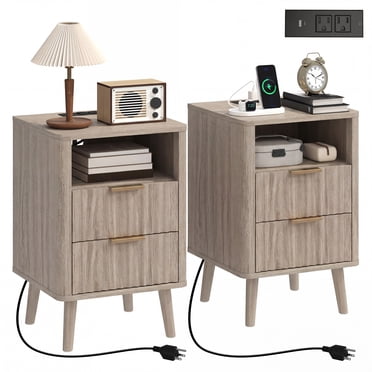 HOMCOM Nightstands Set of 2, Bedside Tables with Charging Station, Grey