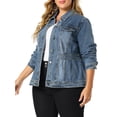 thumbnail image 4 of Agnes Orinda Plus Size Denim Jacket for Women Long Sleeve Button Down Washed Front Trucker Jean Jacket L Blue, 4 of 8