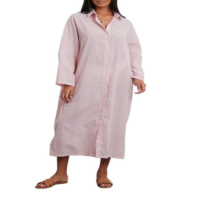 Robe Chemise pour Femmes à Manches Longues et Col Rabattu à Rayures