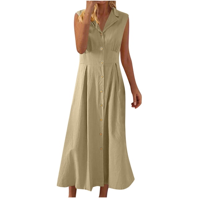 Amzcrzy Robes pour Femmes Couleur Unie Sans Manches Robes de Printemps Col en V à Boutons Robe d'Été Confortable Robe en Coton et Lin Tendance Col Rabattu Robes Maxi