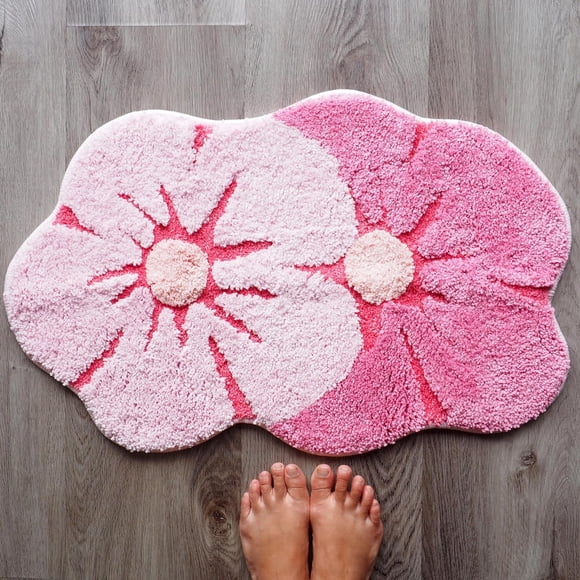 Evovee Tapis de Bain Fleur Rose Marguerite Floral Rose Clair Blush Pêche Corail Mignon Tapis de Salle de Bain pour Filles Douche Amusante Décoration de Salle de Bain Antidérapant Lavable Enfants Femmes Nouveauté Plante