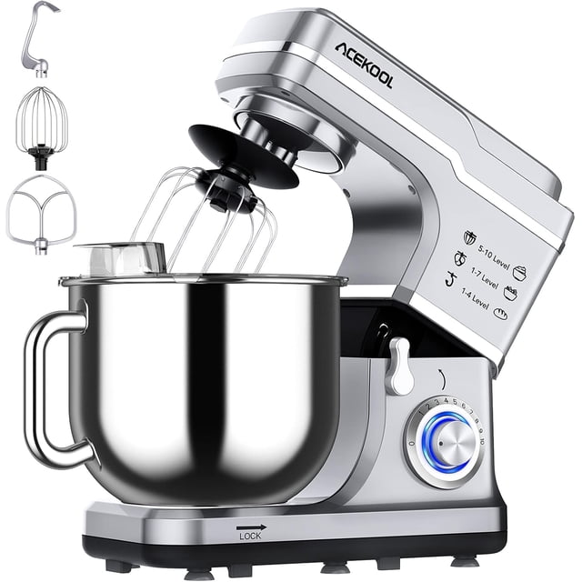 7.5 QT Stand Mixer, 10-Speed Tilt-Head Electric Dough Mixer with Stainless Steel Bowl, Includes Dough Hook, Wire Whisk, and Beater, with Splash Guard for Home Cooks, Silver/Black