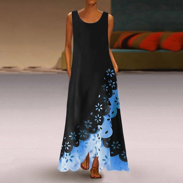 HKEJIAOI Liquidation des Ventes Robe Fleurie pour Femmes Robe d'Anniversaire Femmes Mode Sans Manches Imprimé Col Rond Longue Robe Maxi Robe Chemise de Plage Bleu