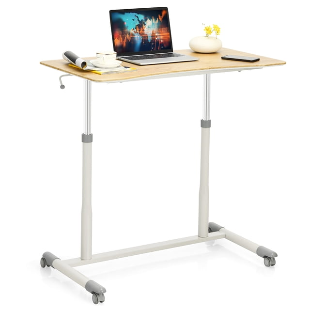 Bureau d'Ordinateur Goplus à Hauteur Réglable, Assis-Debout, Roulant, Table pour Cahier, Naturel