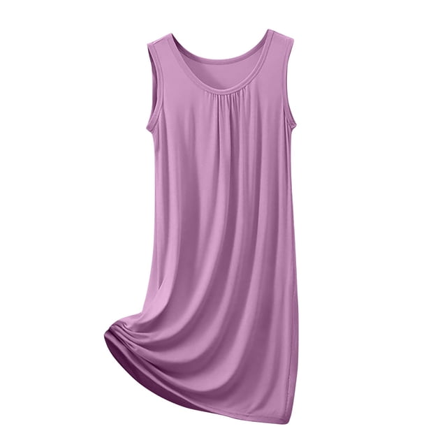 HUJlwoi Chemises de Nuit Grande Taille Modal Sans Manches Nuisette Basique Plissée Longue Robe de Nuit Coupe Ample Col Ras du Cou Robe de Nuit Unie
