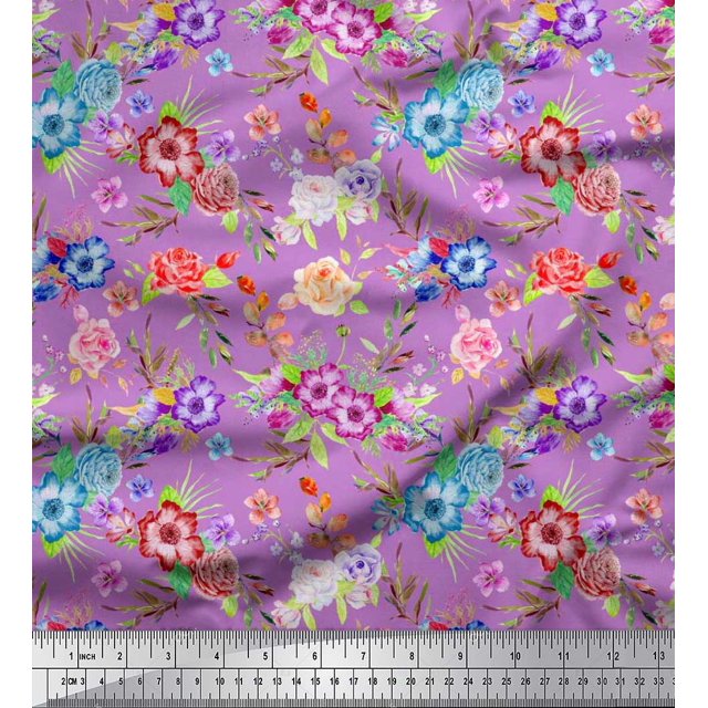 Soimoi Rayon Crepe Fabric Leaves, & Rose Floral Decor Fabric Printed Yard 46 Inch Wide