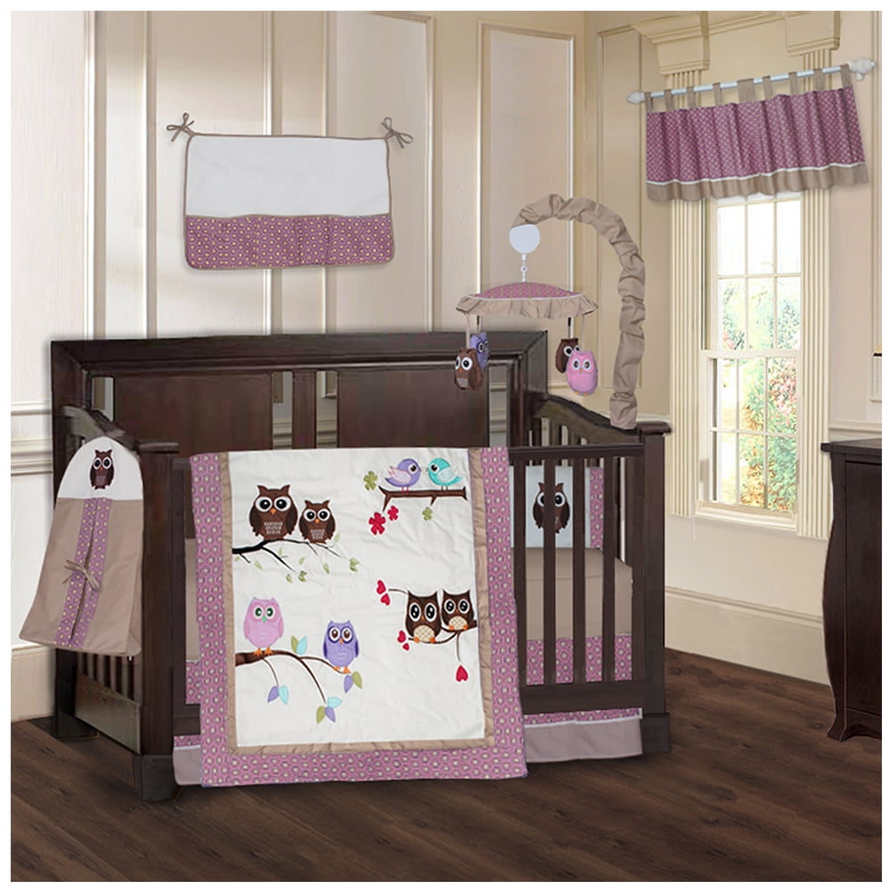 BabyFad Ensemble de Literie de Bassinette pour Bébé Fille 9 Pcs avec Mobile Musical – Hiboux et Oiseaux, Broderie de Qualité Supérieure, 100 % Coton, Déco de Chambre de Bébé