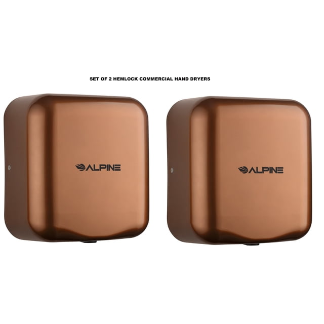 Alpine Industries Hemlock Copper 120-Volt High Speed Dry Commercial Automatic Electric Hand Dryer 2 Pack. Features a durable stainless steel construction with a copper finish, designed for high-traffic areas. Each dryer includes a 22000RPM motor for 10-second drying time, blue light for drying efficiency, and automatic activation with an auto-stop function. Ideal for commercial use, reducing paper towel waste and energy consumption.