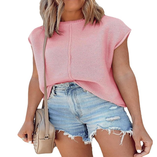 Women Solid Color Sweater Vests Crew Neck Cap Sleeve Loose Pullovers