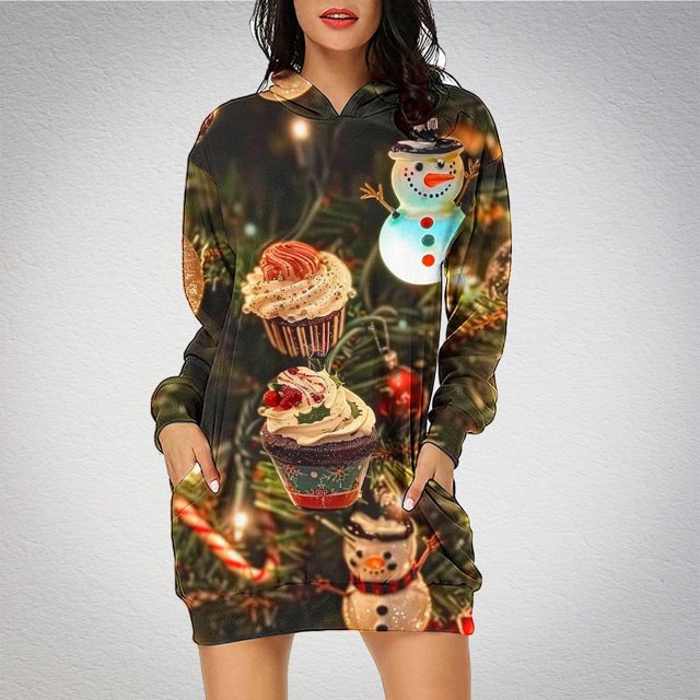TIMIFIS Robe Décontractée Longue à Capuche pour Femmes Robe de Noël Moche Légère à Manches Longues avec Poche