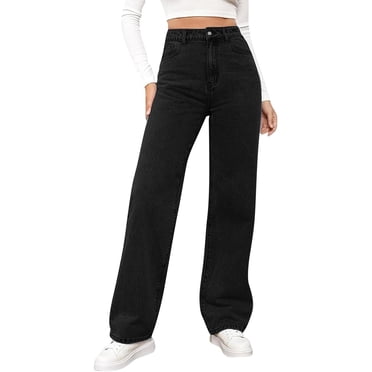 Pxkloy Jeans Décontractés à Jambe Grand pour Femmes, Taille Haute à Boutons, Pantalon Extensible Ample à Jambe Tonneau, Cheville, en Denim, Automne 2026, Noir, TTG