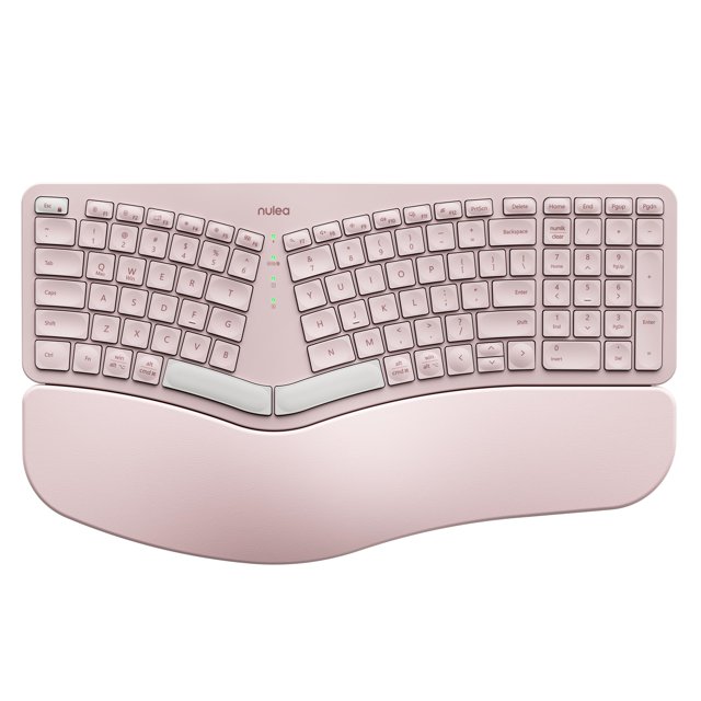 Nulea Clavier Ergonomique Sans Fil, Clavier Divisé avec Repose-Poignet Coussiné, Connectivité Bluetooth et USB, Rechargeable USB-C, Compatible avec Windows Mac (Gris Rose)