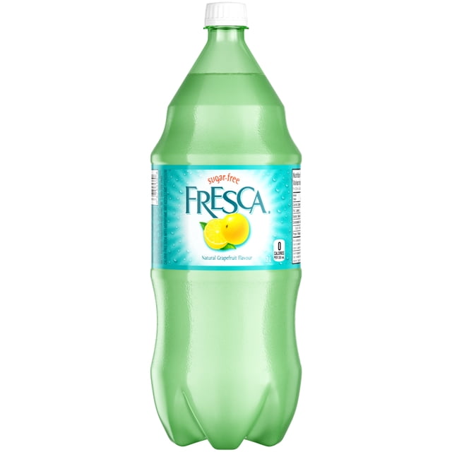 Fresca Bottle, 2 Liters, a green translucent plastic bottle with a white cap, featuring a blue label with the Fresca logo and natural grapefruit flavour text, containing sugar-free, calorie-free sparkling grapefruit soda water, ideal for refreshing hydration with zero sugar and zero calories.