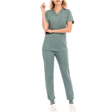 fheaev Nursing Uniform Set for Women Scrubs Set Medical Scrubs V-Neck Top with Pocket Jogger Pants Athletic Nursing Uniform Solid Stretch Wicking And Easy To Care