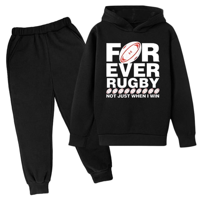 WEIYLL Outfits for Boys Sets Hooded Football Personality Letter Printed Pants Football Rugby Activity Black Suits 3-4 Years