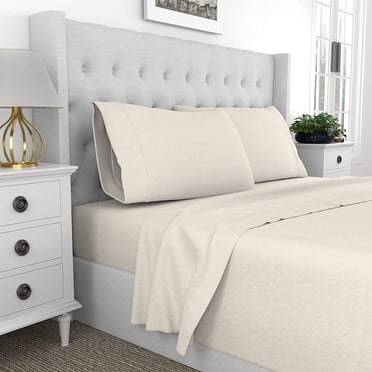 Ensemble de Draps Ivoire Uni 100 pour Cent Coton Pur Ultra Doux Ensemble de Draps 4 Pcs avec Poche de 12 Pouces Ensemble de Draps 450TC (Très Grand, Ivoire)