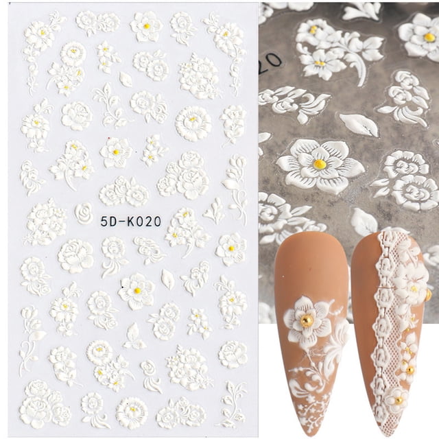 EGNMCR Nail Stickers Nail Art Embossed Sticker 5d Three-dimensional Hollow White Lace Flower Nail Applique Nail stickers