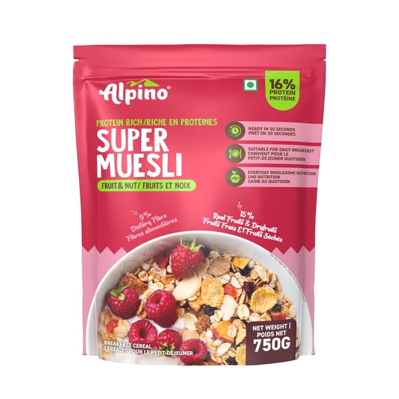 Alpino Protein-Rich Super Muesli Fruit & Nuts 750 gm | 63% Rolled Oats, Flax Seed Sunflower | 15% Dried Fruits & Nuts Seed | Plant-Based | Breakfast Cereal | Resealable Pouch