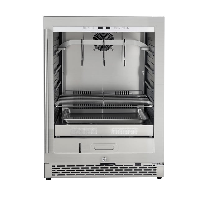 KFFKFF 99 lbs dry aging fridge for steaks, featuring a stainless steel design with a spacious interior. The refrigerator includes adjustable hooks, shelves, and trays for organizing up to 99 lbs of meat. It has a digital control panel for precise temperature (34°F-77°F) and humidity (60%-85%) adjustments, ensuring optimal aging conditions. The unit is equipped with an air circulation fan, bright LED illumination, and a transparent water reservoir for consistent humidity. Designed for freestanding or under-counter installation, it is suitable for aging beef, pork, lamb, and cheese. The robust stainless steel handle and secure locking mechanism enhance usability and safety.