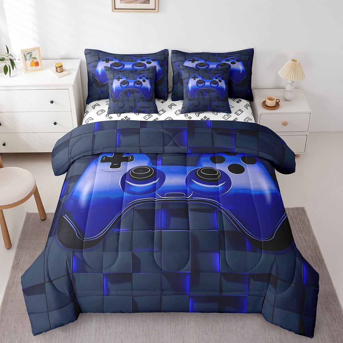YST Ensemble de Literie 3D Gamer 7 Pcs Tout-en-un pour Adulte, Ensemble de Couette Pleine pour Garçons, Ensembles de Literie Pleine pour Garçons, Ensembles de Couette pour Garçons, Ensembles de Lit Géométriques de Jeu Réversibles avec Ensemble de Draps