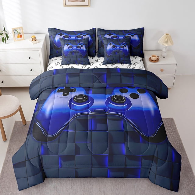 YST Ensemble de Literie 3D Gamer 7 Pcs Tout-en-un pour Adulte, Ensemble de Couette Pleine pour Garçons, Ensembles de Literie Pleine pour Garçons, Ensembles de Couette pour Garçons, Ensembles de Lit Géométriques de Jeu Réversibles avec Ensemble de Draps