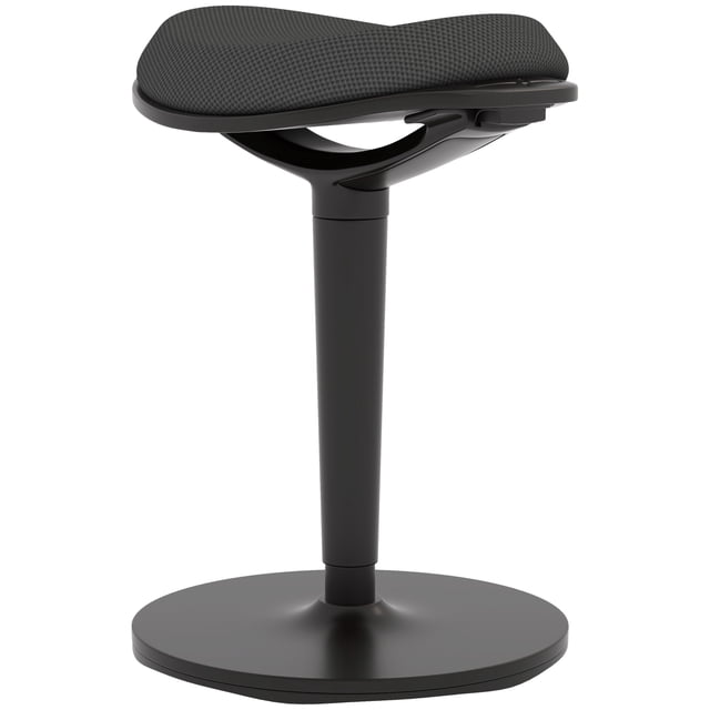 HOMCOM Mesh Ergonomic Wobble Stool for Standing Desks, with Rocking, Black. This backless stool features a mesh fabric seat with high-density foam cushioning, a wobble design allowing 5-degree tilting, and a swiveling function for active sitting. The height is adjustable via dual side buttons, making it suitable for both seated and standing desks. The stool has a sturdy anti-slip base and a compact design, ideal for modern workspaces.