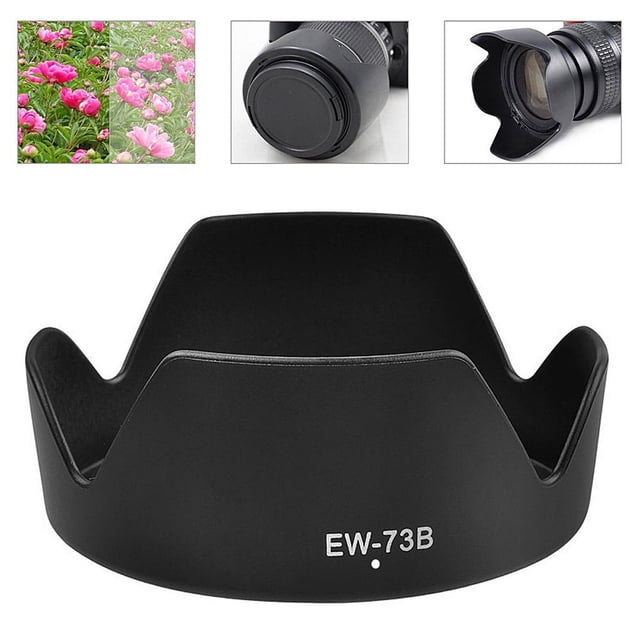 EW-73B Lens Hood reversible camera accessory designed for Canon 650D, 550D, and 600D cameras. Compatible with Canon EF-S 18-135mm f/3.5-5.6 IS and EF-S 18-135mm f/3.5-5.6 STM lenses. The black lens hood features a petal-shaped design to reduce glare and enhance image saturation. It can be reversed for compact storage and allows the use of UV filters and lens caps. Includes one lens hood.