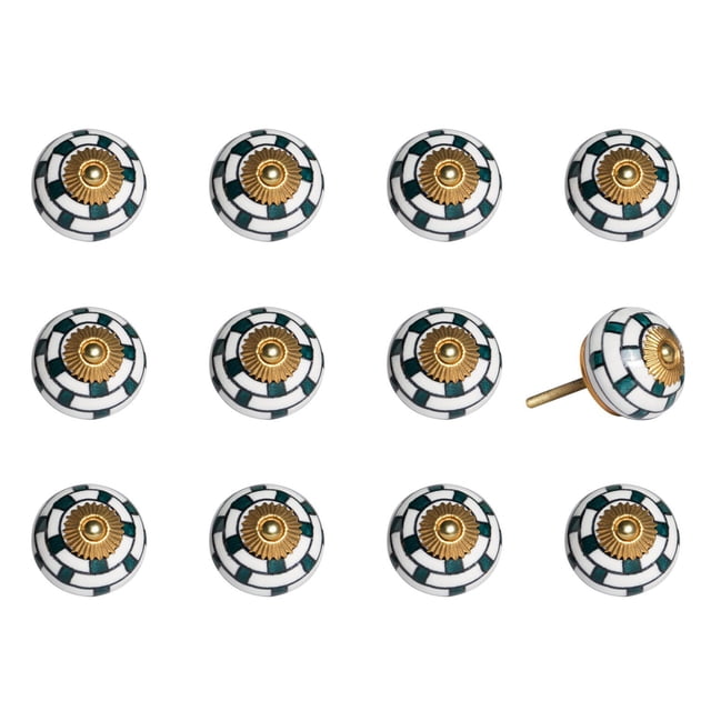 KNOB-IT vintage handpainted ceramic knobs 12-pack with round white and dark green checkered pattern and central gold-toned metal flower detail, 1.5 inches diameter, 1.25-inch bolt can be trimmed, ideal for cabinets and drawers, one knob shown from the side displaying bolt and nut hardware.