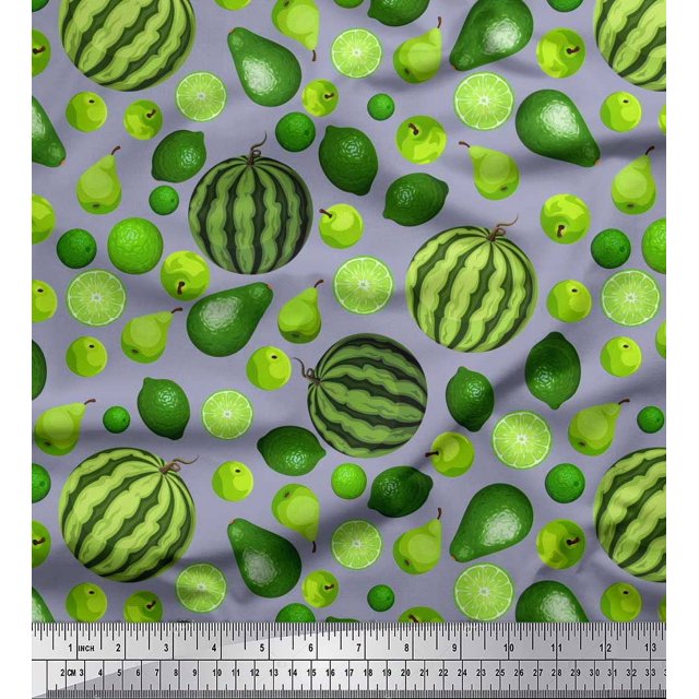 Soimoi Moss Georgette Fabric Pear,Lemon & Watermelon Fruits Printed Fabric 1 Yard 42 Inch Wide