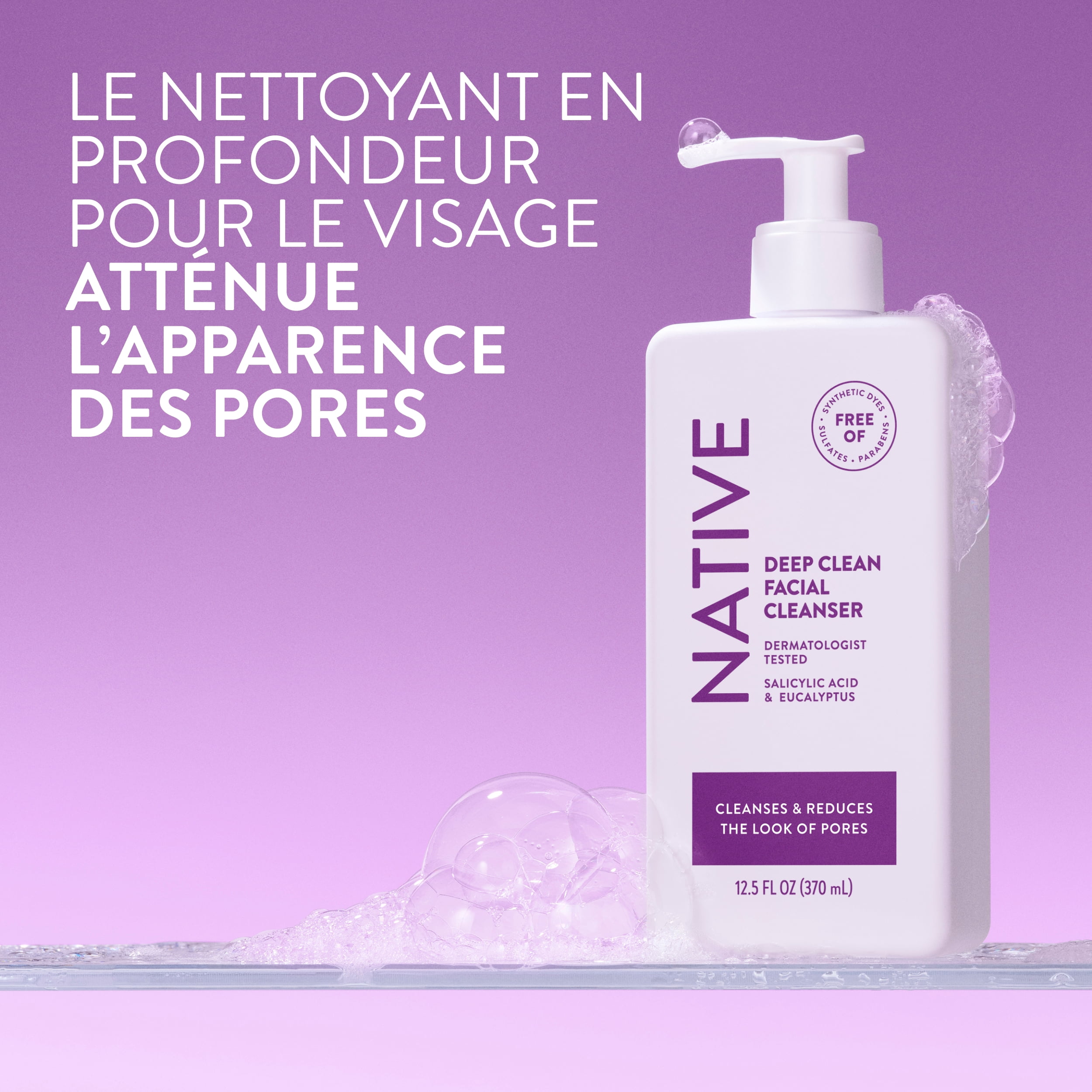 Nettoyant en profondeur pour le visage Native, pour peau grasse à mixte, sans sulfate, avec acide salicylique et eucalyptus, testé dermatologiquement, 370 mL