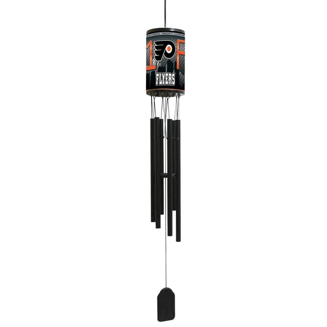 NHL Wind Chime Philadelphia Flyers with a cylindrical top featuring the #1 Fan graphic, team logo, and name in official black and orange colors, six matte black aluminum tubes creating mellow sounds, and a black plastic wind catcher, ideal for outdoor patio or garden decor.