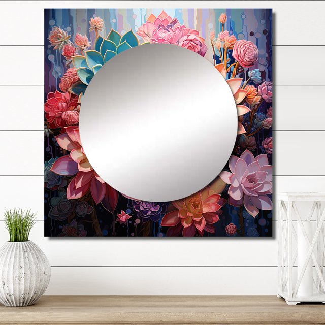 Designart "Pink Succulent Pink Charm I" Floral Square Mirror For Wall Decor - Large Pink Square Mirror Printed Wall Decor - Traditional Square Living Room Mirror