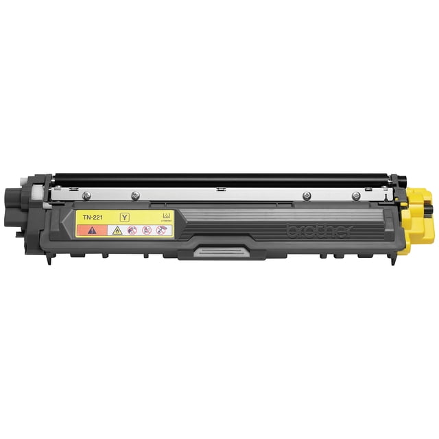 Brother TN221Y Toner Cartridge in yellow for laser printers, standard yield with a 1400-page capacity, featuring a black and yellow plastic body with a yellow label marked TN-221 Y and safety icons, embossed Brother logo on the side, suitable for use in compatible Brother printer models.