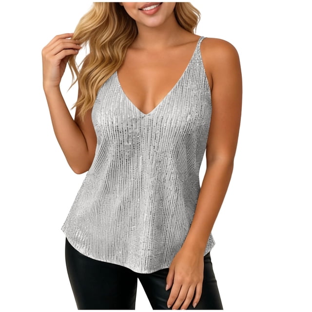 Plus Size Tank Tops for Women Loose Fit V-Neck Spaghetti Strap Sequin Ruched Waist Solid Top with Stretchy Lining